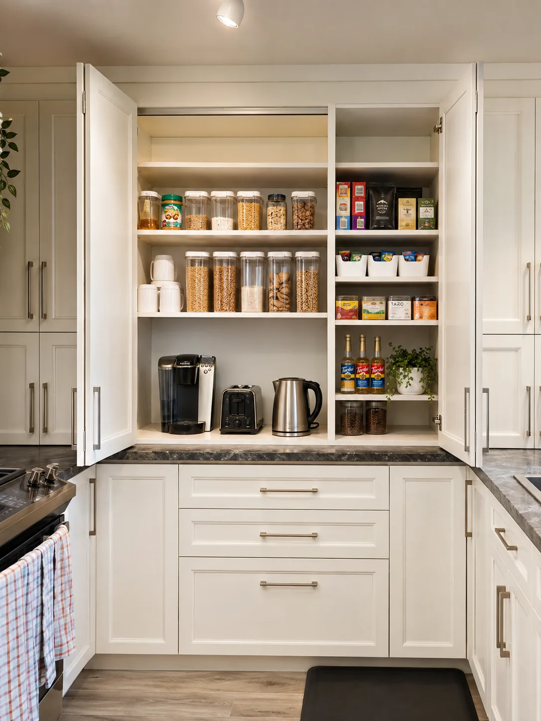 Rangement de cuisine sur mesure avec étagères et armoires