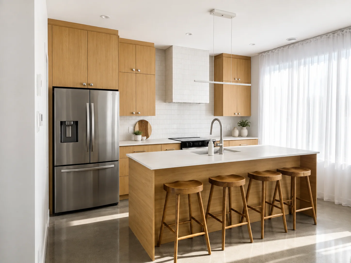 Cuisine avec armoires en bois clair et rangement sur mesure